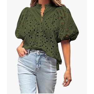 Women's Short Sleeve Casual Button Hollow Out Lace Embroidered Blouse
